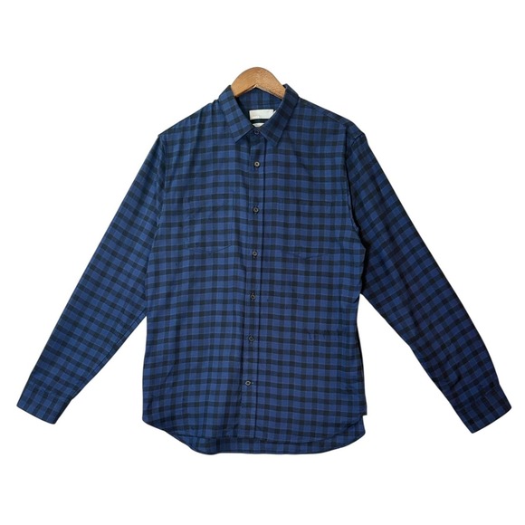 Vince Mens Flannel Button Down Shirt M Blue Black Plaid Gingham Long Sleeve - Picture 2 of 8